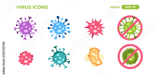 Bacteria icons isolated. Virus microbe cell sign/symbol. Covid-19, Coronavirus infection. Vector illustration. Flat eps10. Pandemic and quarantine.