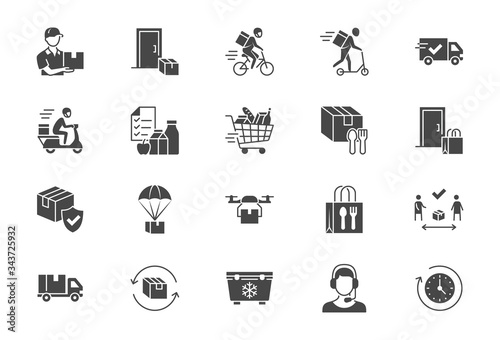 Food delivery flat icons. Vector illustration included icon as coutier on bike, door contactless delivering, grocery list black silhouette pictogram for fast distribution