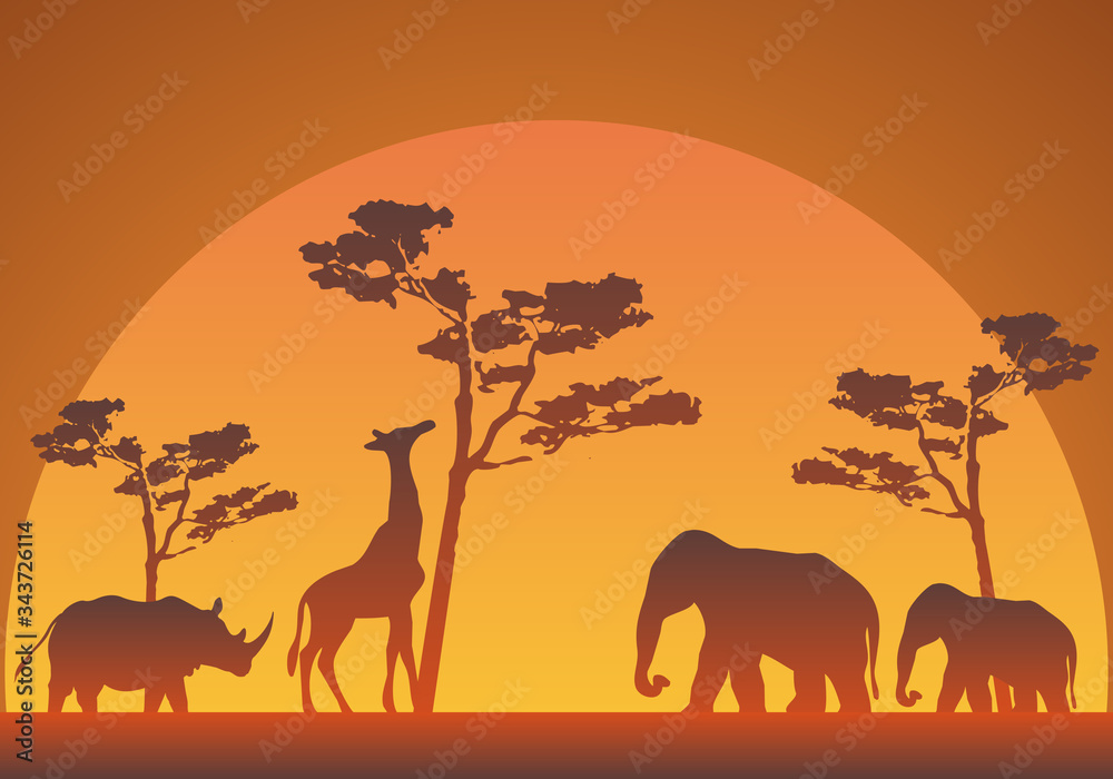 Silueta de un atardecer en la savana con elefantes, jirafas y rinocerontes.