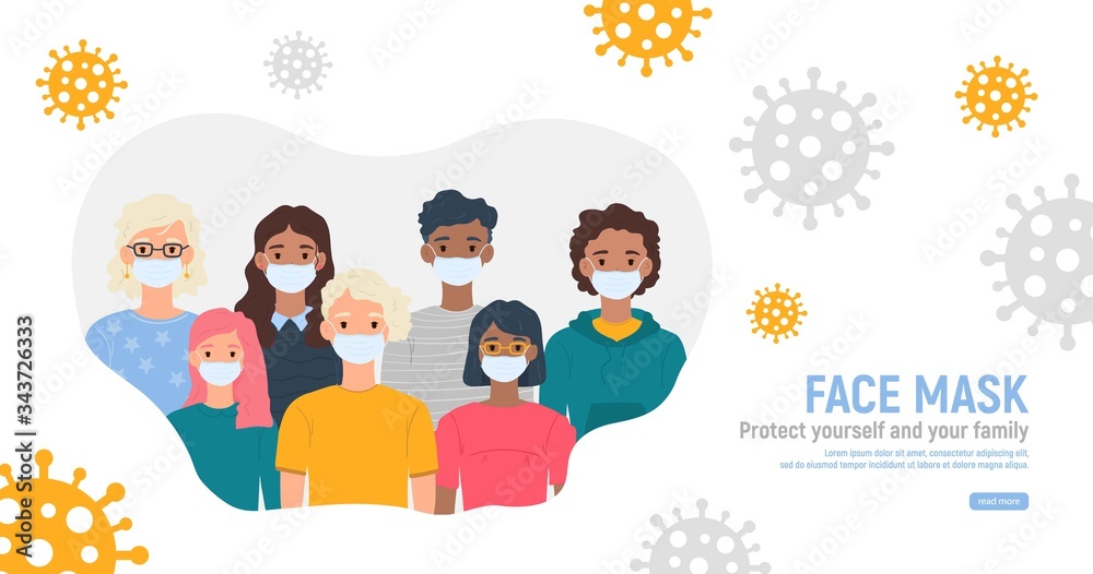 Fototapeta premium Children with medical masks on faces to protect their against coronavirus covid-19, 2019-nCov isolated on white background. Kids virus protection concept. Stay safe. Vector illustration