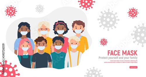 Children with medical masks on faces to protect their against coronavirus covid-19, 2019-nCov isolated on white background. Kids virus protection concept. Stay safe. Vector illustration