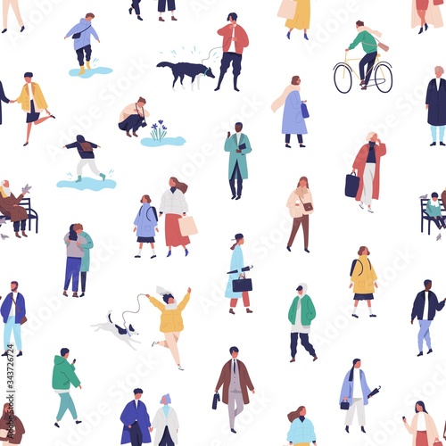 Colorful seamless pattern with different people walking on the street. Men  women  children outdoors. Modern spring background with tiny people. Vector illustration in flat cartoon style