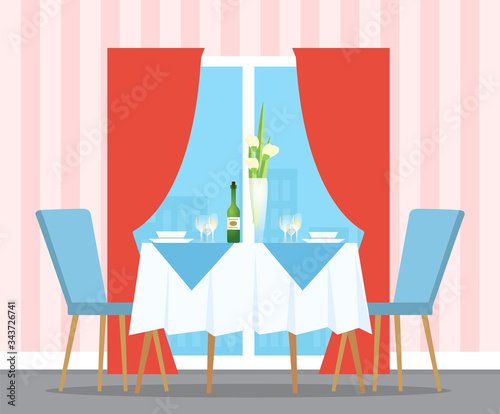 Served table champagne glasses and bottle, decorated by tablecloth and flowers, couple chairs indoor. Room with panoramic window and curtains vector photo