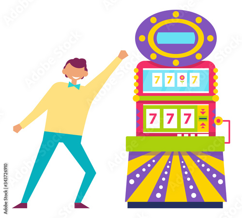 Dancing happy personage standing by slot machine vector, lucky sevens. Person raising hands up, luck of character in casino, gambling male flat style