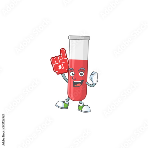 Cartoon character concept of red test tube holding red foam finger