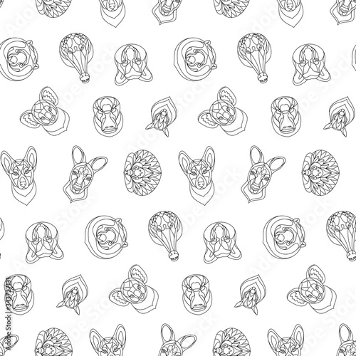 Australian animals outline coloring seamless pattern. Vector illustration