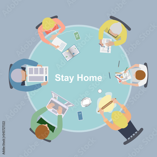 Stay Home vector illustration with family at the table