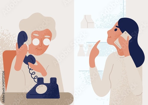 Smiling granddaughter talking to elderly mother or granny on telephone. Family distant communication scene. Women phone dialog, discussion. Colorful vector illustration in flat cartoon style