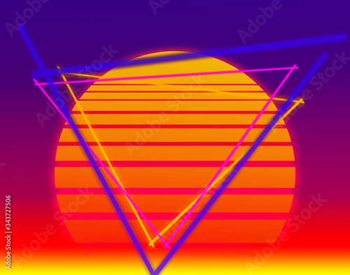 background with the evening sun in the style of retro wave on the neon sky and triangles photo