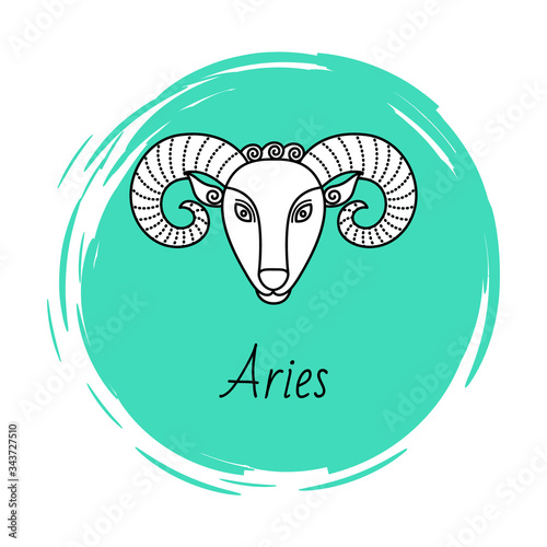 Aries zodiac sign of Ram and calligraphic inscription. Symbol used in horoscopes and astrology. March and april, spring months of ruling. Isolated icon in circle with lines. Vector in flat style