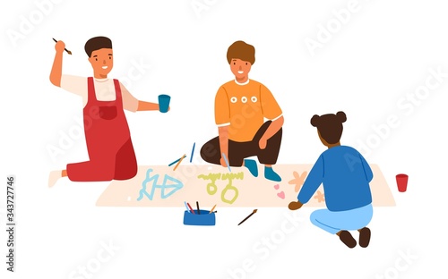 Group of colorful boys and girl painting picture on paper use colorful pencil and paint vector flat illustration. Happy kids drawing create pictures together isolated on white background
