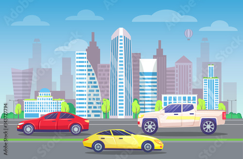 Developed city center with architecture. Roads with vehicles. Traffic in modern city streets. Transport driving in town. Highway with automobiles. Skyline with high rises skyscrapers. Vector in flat