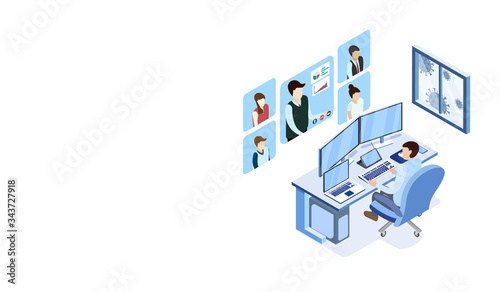 Man working with pc at his work desk with video conference, Working from home, Outside window is virus cells, programmer, business analysis, designer, freelancer, Isometric COVID-19 vector.
