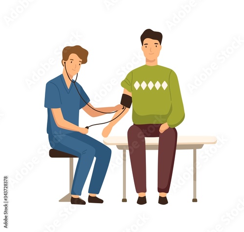 Cartoon guy visited doctor to measure blood pressure vector flat illustration