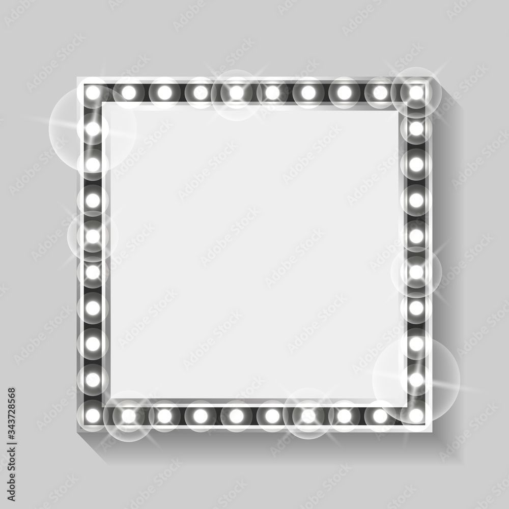 Blank frame with silver lights and bulbs vector, isolated banner with copy scape to fill. Square shape of borders, grey shining and glowing flat style