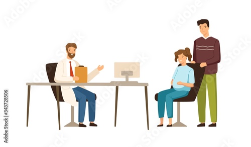 Cartoon pregnant woman and smiling man visit doctor at clinic vector flat illustration