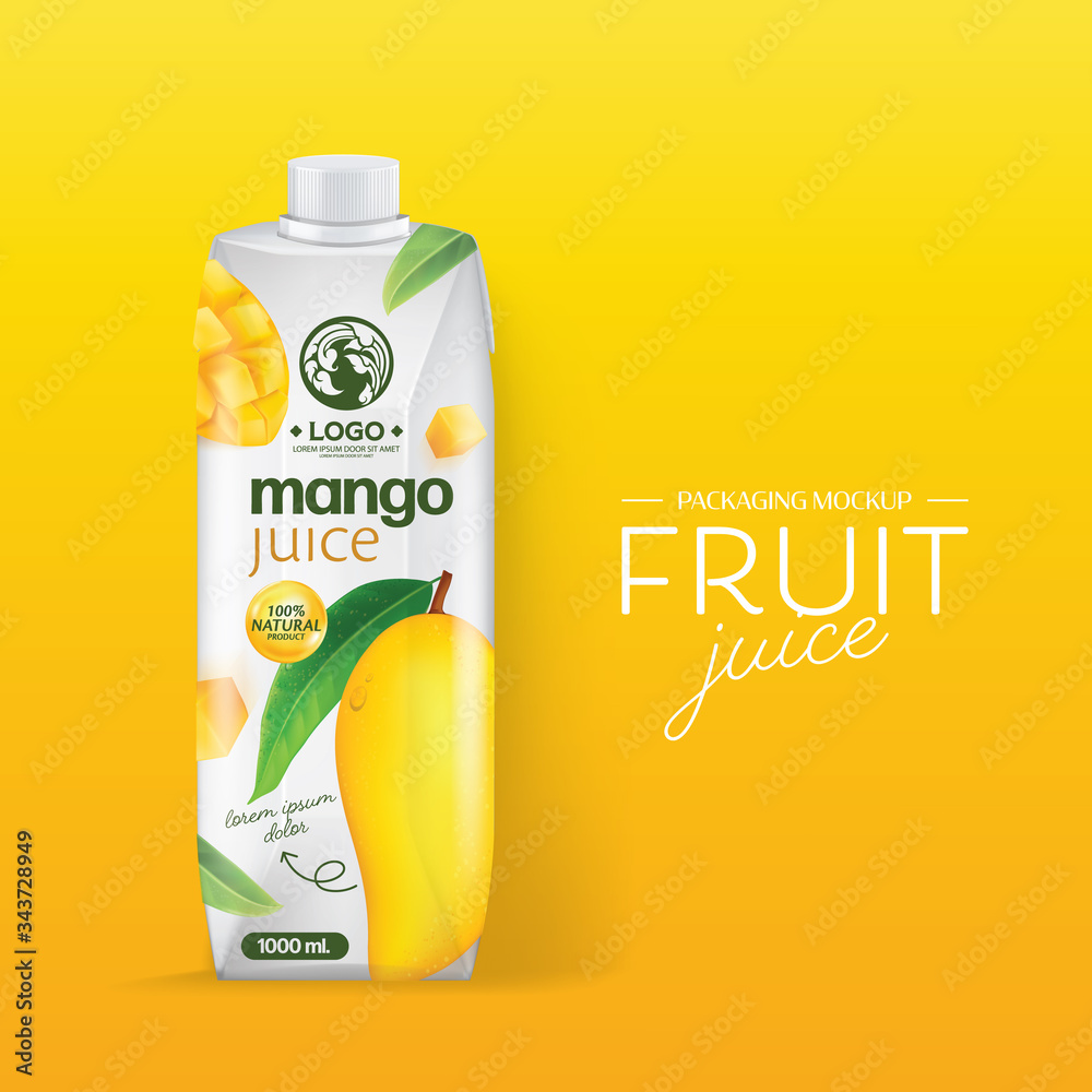 Realistic vector. Branding Design Packaging. Mango juice. Template