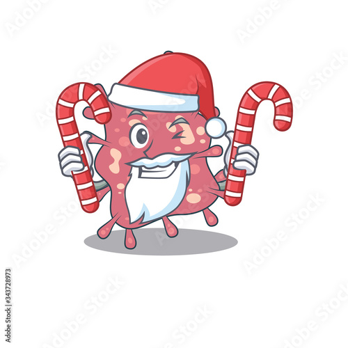 Friendly haemophilus ducreyi in Santa Cartoon character holds Christmas candies