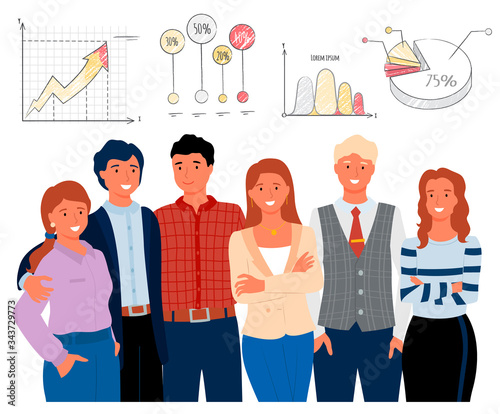 Team working on business project stats and analysis vector, people analyzing given info, man and woman smiling successful males and females entrepreneurs