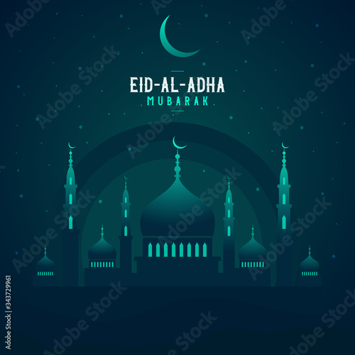 Abstract religious Happy Eid Al Adha Mubarak Islamic vector illustration mosque, moon and star. Mosque silhouette in the night sky and abstract light.