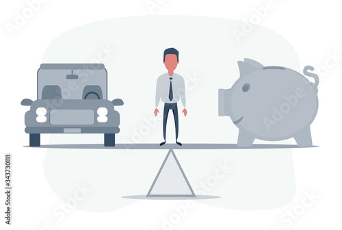 Car, Auto loan or transforming assets into cash concept. Car model, piggy bank on simple balance scale, depicts car owner or borrower turns personal properties into cash or wealth.