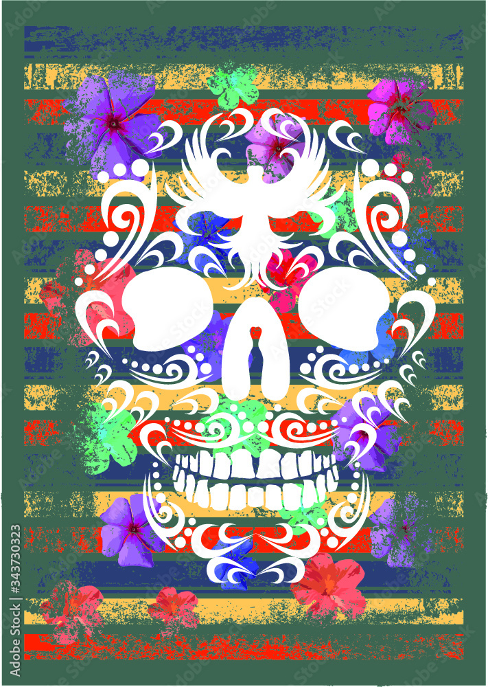 tattoo tribal skull and flower tshirt print embroidery graphic design vector art