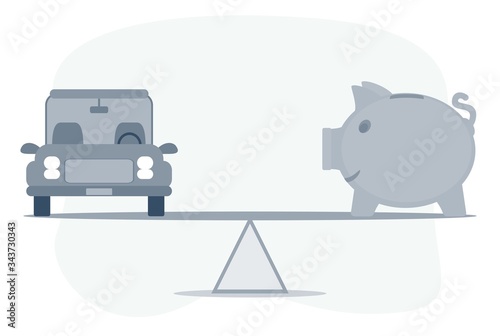 Car, Auto loan or transforming assets into cash concept. Car model, piggy bank on simple balance scale, depicts car owner or borrower turns personal properties into cash or wealth.