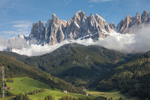 View from the small Italian mountain town of St. Magdalena in Val di Funes