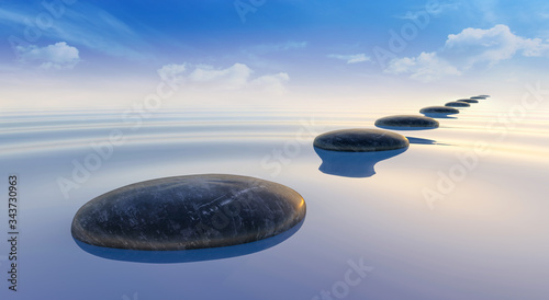 Canvas Print 3d render of black stones on calm sea water