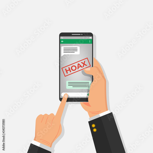 Hoax news on smartphone screen design. Man reads fake news spread on group chat messaging app. Vector template illustration