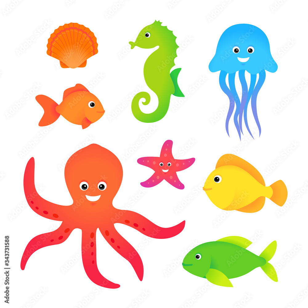 Sea animals cartoon vector set, cute underwater animals collection stickers for children