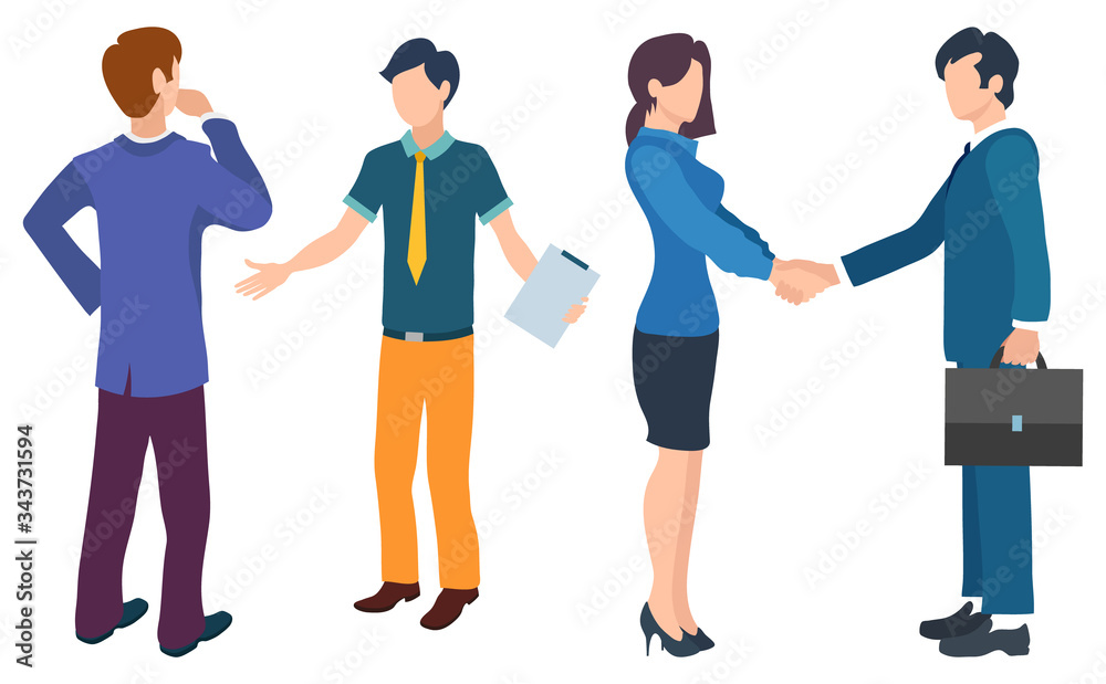 Business worker characters flat style vector, isolated partners boss and assistant. Man and woman handshake of businessman with case and businesslady Business worker characters flat style vector, isolated partners boss and assistant. Man and woman handshake of businessman with case and businesslady