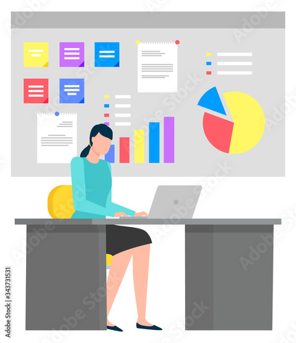 Business analytics and analysis of info vector, secretary working in office. Laptop screen and lady, assistant typing data on computer, charts schemes