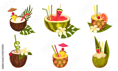 Exotic Cocktails with Straw Poured in Coconut and Watermelon Fruit Vector Set