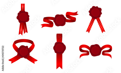 Wax Seals with Red Ribbon Tied in Many Ways Vector Set