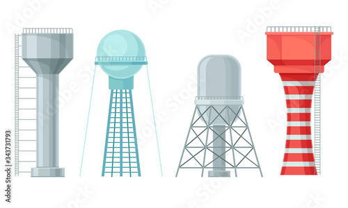 Water Towers or Tank Houses Made of Metal Vector Set