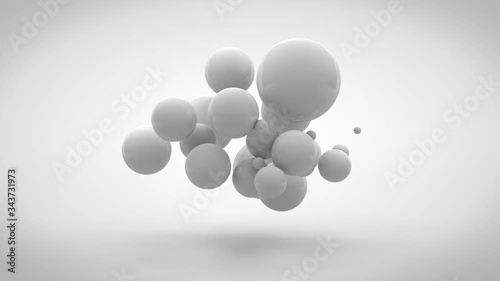 3D animation of a cube that splits into several cubes. Cubes turn into spheres that are randomly distributed in space and disappear. Animation with the ability of continuous playback.