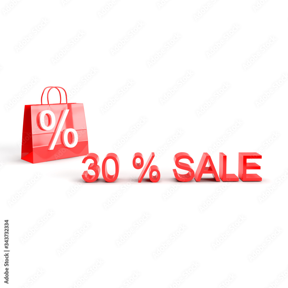 30% sale off promotion for product selling. Shopping bag with percent. Shock price isolated on white background. 3D rendering. Summer sale. End of season.