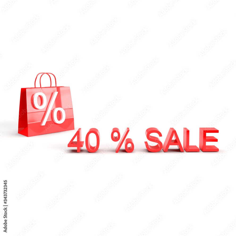 40% sale off promotion for product selling. Shopping bag with percent. Shock price isolated on white background. 3D rendering. Summer sale. End of season. 40% sale off promotion for product selling. Shopping bag with percent. Shock price isolated on white background. 3D rendering. Summer sale. End of season.
