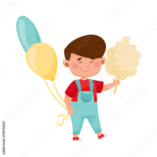Smiling Boy Walking and Carrying Bunch of Balloons and Candyfloss Vector Illustration