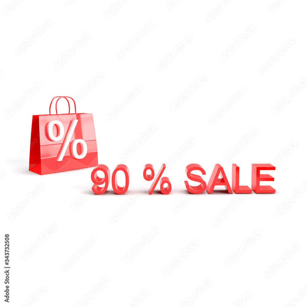 90% sale off promotion for product selling. Shopping bag with percent. Shock price isolated on white background. 3D rendering. Summer sale. End of season. 90% sale off promotion for product selling. Shopping bag with percent. Shock price isolated on white background. 3D rendering. Summer sale. End of season.