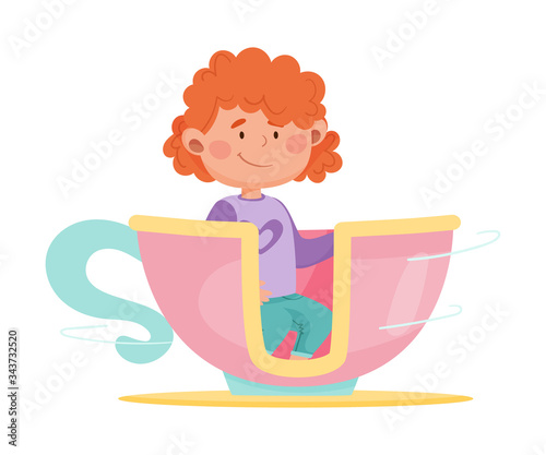 Cute Girl Having Fairground Ride in Large Cup Vector Illustration