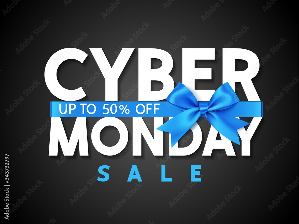 Cyber monday sale design template. Decorative blue bow with text on black background. Vector illustration.