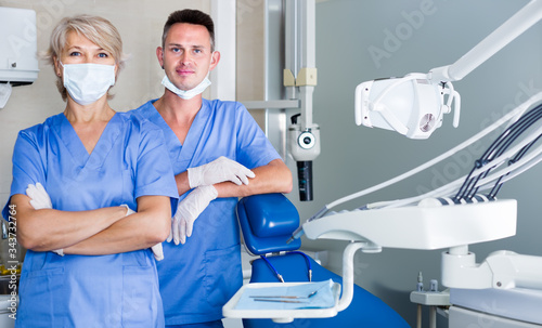 Portrait of two professional smiling dentists standing in medical office