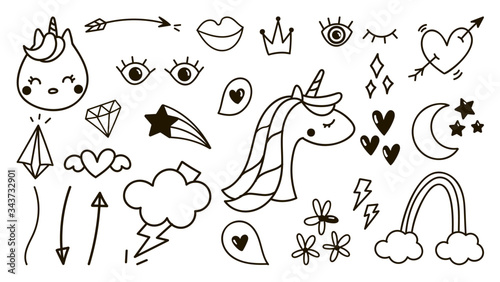 Cute hand drawn doodle vector set, Unicorn, star, love, Natural , arrows, cloud, weather, rainbow, eyes, heart and creative design vector collection.	