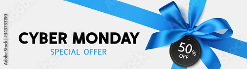 Cyber monday sale design template. Decorative blue bow with price tag. Vector illustration.