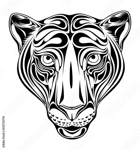 Black and white stylized image of a muzzle of a panther for tattoo and other.