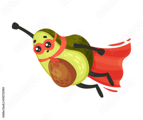 Happy Avocado Wearing Superhero Red Cloak and Mask Flying Vector Illustration