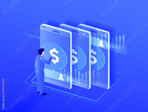 Effective template technology data, mining server farm room and smart digital devices such as phone ,computer, data, data processing vector illustration.