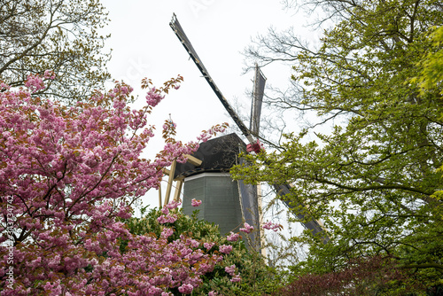 Old windmill with many people in famous garden in Keukenhof.